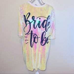 White Iridescent Sequin Trendy “Bride to Be” Short Sleeve Mini Dress One Size